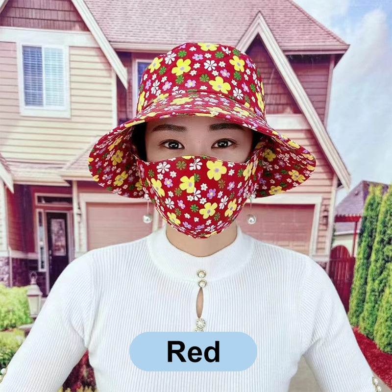 Blomstret solhatt med stor skygge og maske