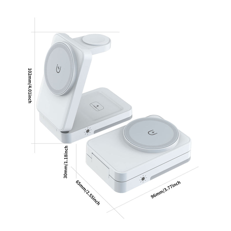 📱 3‑i‑1 trådløs lader – til telefon, klokke og ørepropper. Foldebar, magnetisk, nattlys! 🔋✨