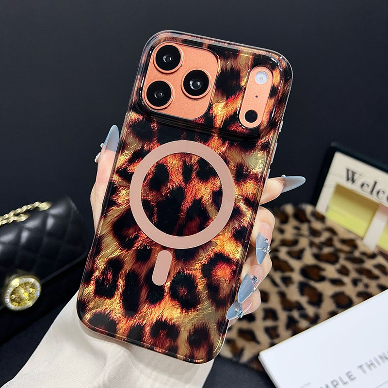 Mobiltelefondeksel med magnet og leopardmønster