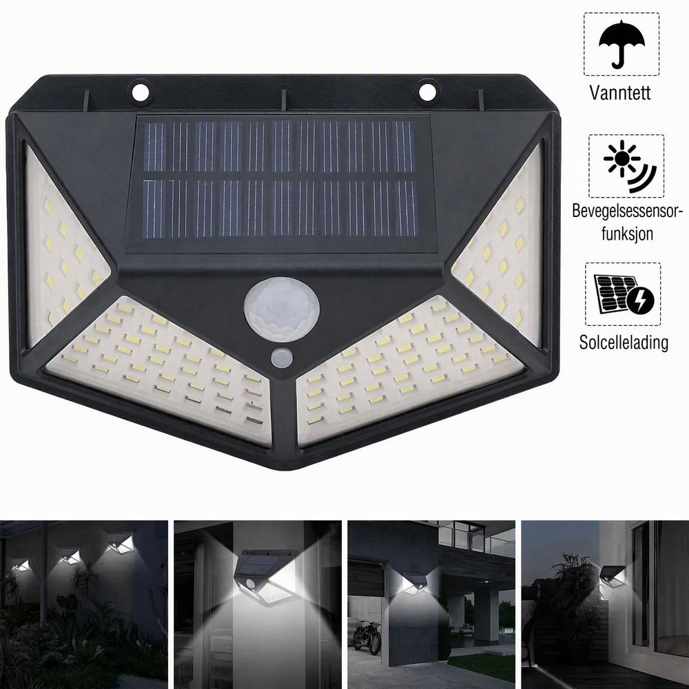 🔥 NÅ: 50 % RABATT I EN BEGRENSET PERIODE – Solcelledrevet vegglampe med bevegelsessensor – 140 supersterke LED-lys – IP65 vanntett – Enkel installasjon 🌞✨🛡️