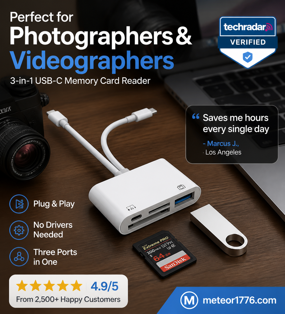 3-i-1 USB-C minnekortleser