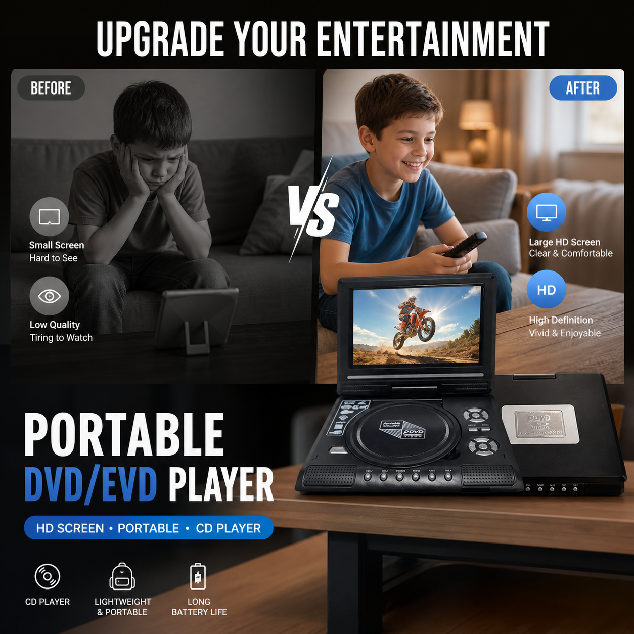 📺 7.8" HD Bärbar DVD/EVD-spelare – Stor skärm, uppladdningsbar & kompatibel med DVD/CD/USB/SD – Perfekt för hem & resor 🔥 50% RABATT