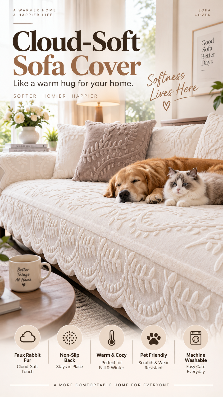 📢 50 % RABATT! Sofatrekk i imitert kaninpels med sklisikring 🛋️