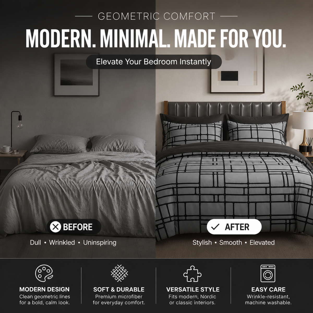 Moderne, minimalistisk sengetøy med geometriske mønstre