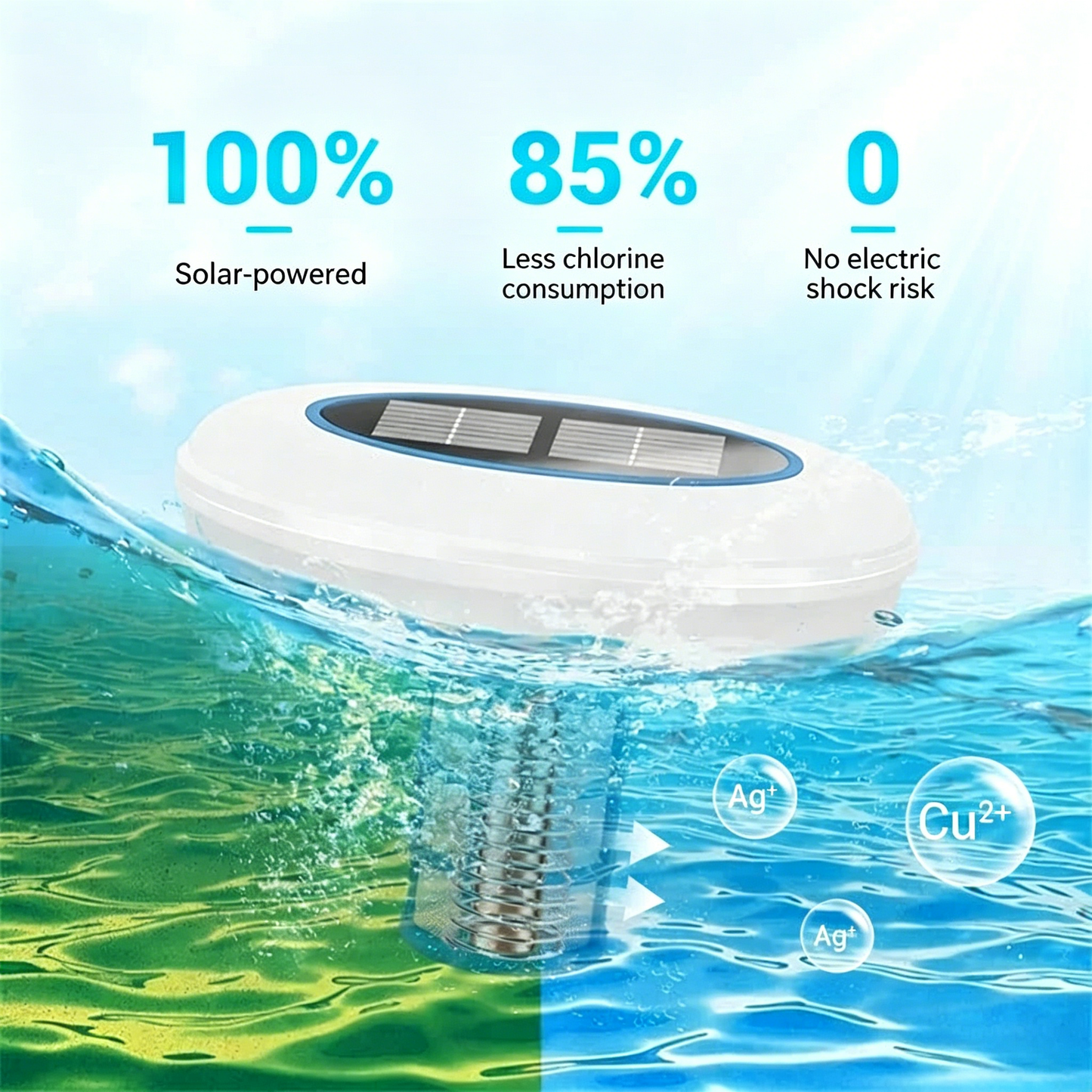 🏊‍♀️🌿💧 SLUT MER STERK KLOR! Solcelledrevet ionisator for basseng – Skånsom mot hud og øyne, naturlig rensing, holder vannet glitrende rent for familiemoro 🏖️🍃