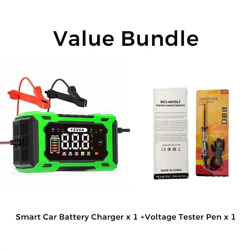 🔋50 % RABATT!🚗Smart bilbatterilader 12 V 6 A – Impulsreparasjonsfunksjon, LCD-skjerm og maksimal sikkerhet 🛡️
