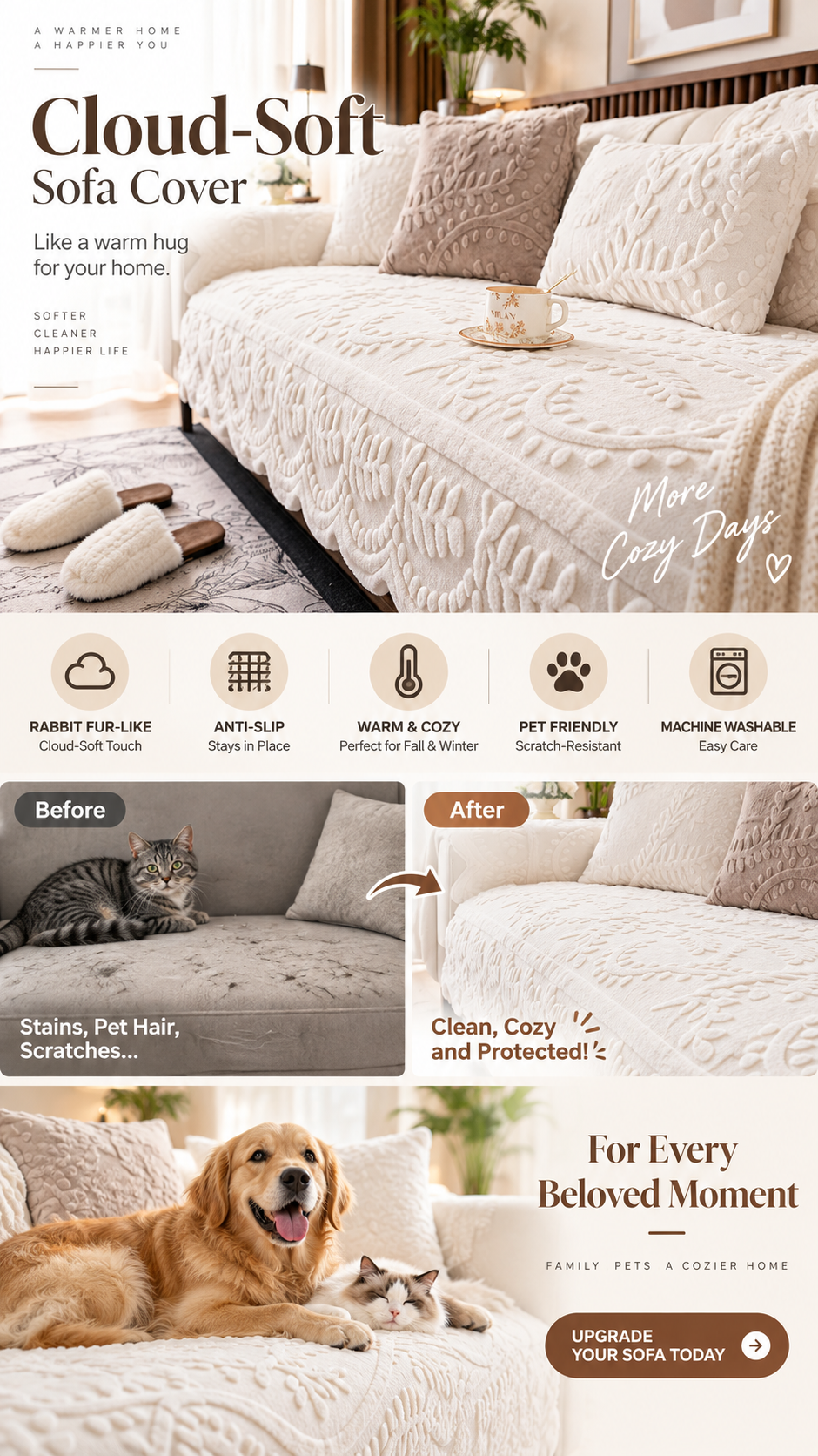 📢 50 % RABATT! Sofatrekk i imitert kaninpels med sklisikring 🛋️
