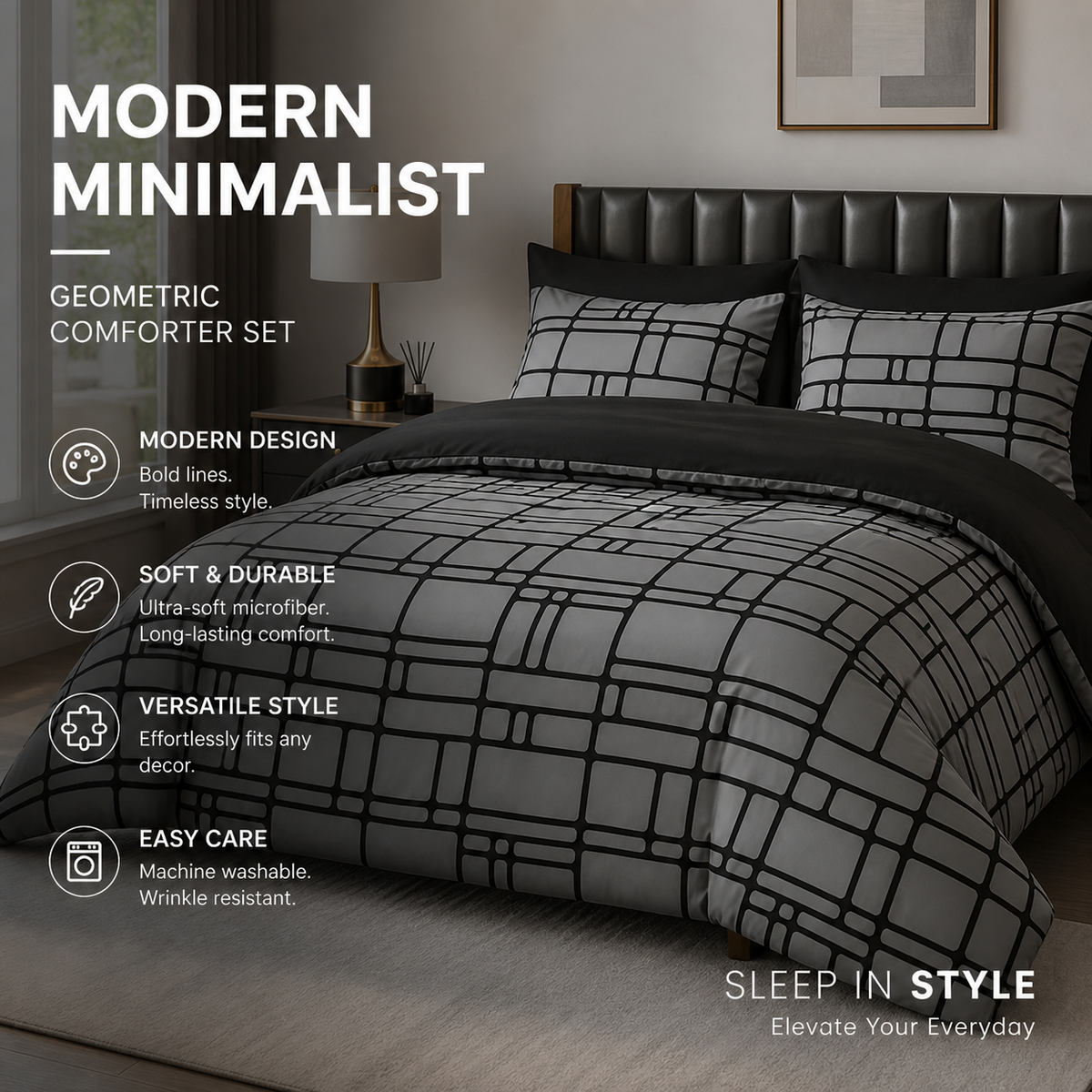 Moderne, minimalistisk sengetøy med geometriske mønstre
