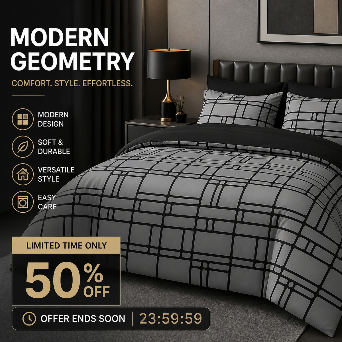 Moderne, minimalistisk sengetøy med geometriske mønstre