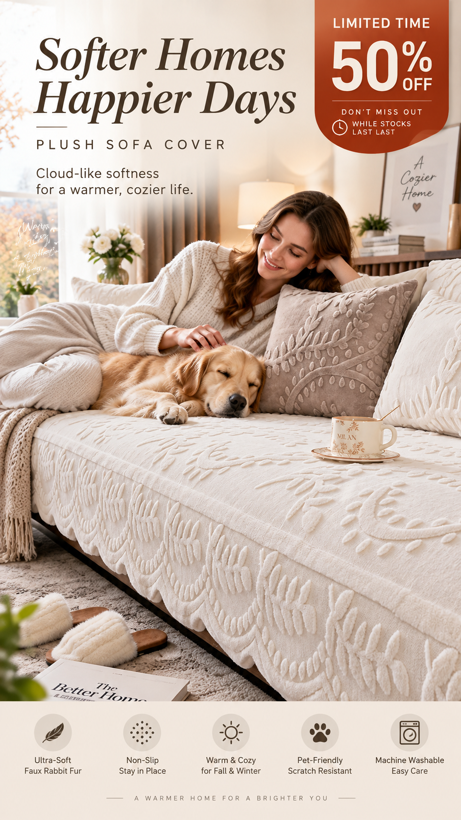 📢 50 % RABATT! Sofatrekk i imitert kaninpels med sklisikring 🛋️