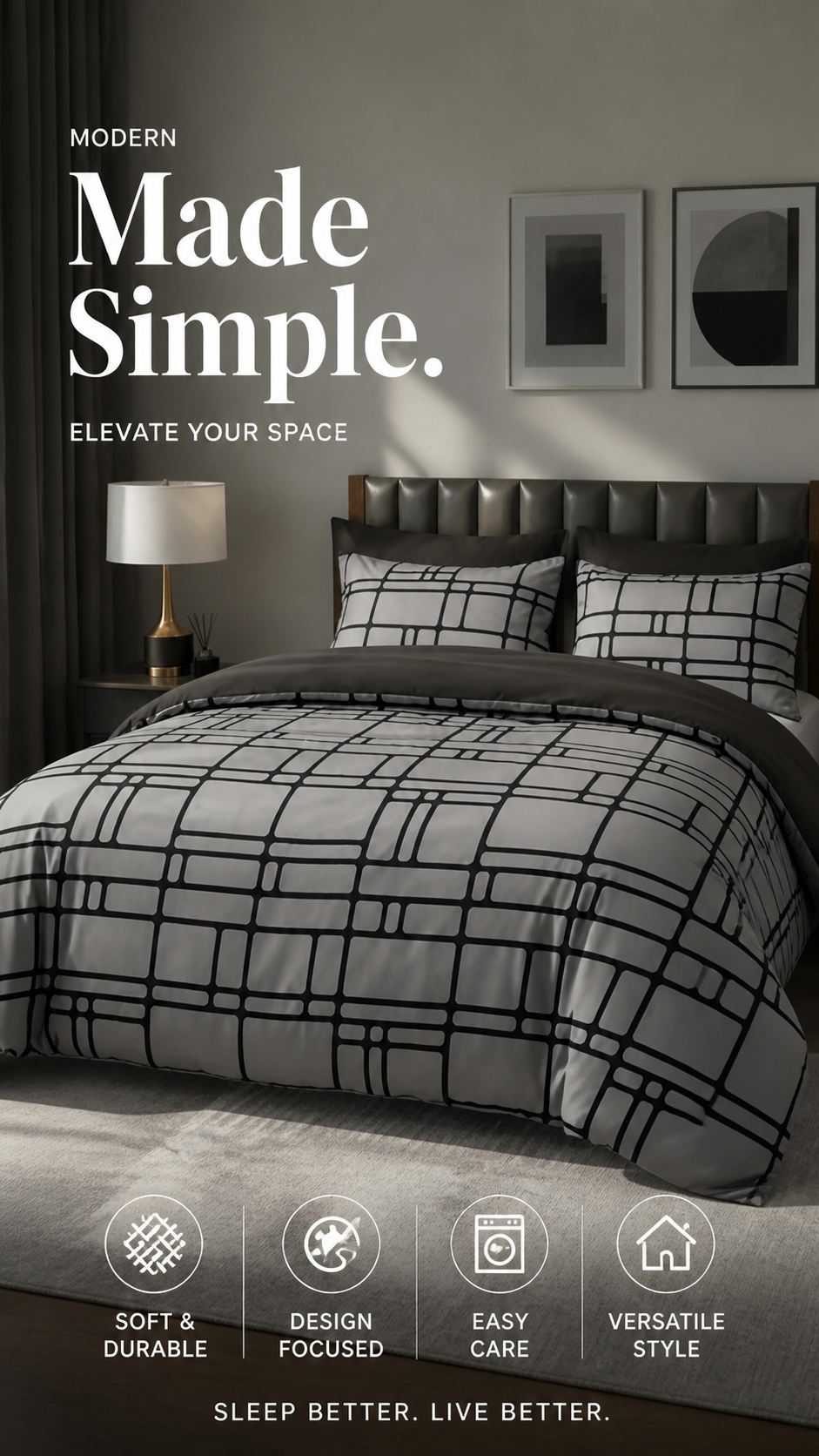 Moderne, minimalistisk sengetøy med geometriske mønstre