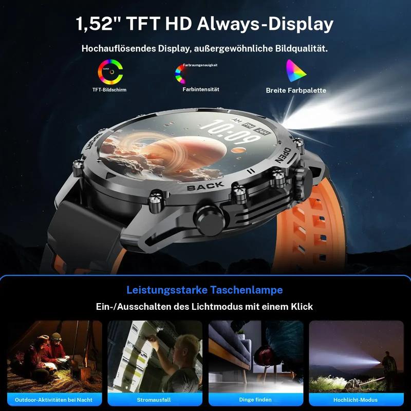 1,52" HD-smartklokke for menn – Telefonsamtaler og musikkkontroll – Flere sportsmoduser – IP68-vanntett – Lang batterilevetid – Fitnessklokke for Android og iPhone