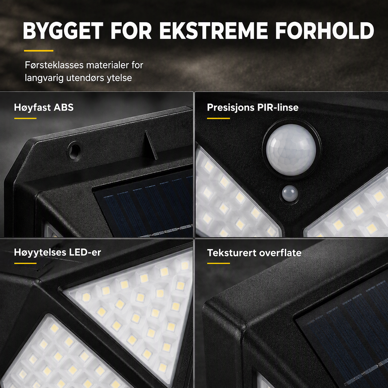 🔥 NÅ: 50 % RABATT I EN BEGRENSET PERIODE – Solcelledrevet vegglampe med bevegelsessensor – 140 supersterke LED-lys – IP65 vanntett – Enkel installasjon 🌞✨🛡️