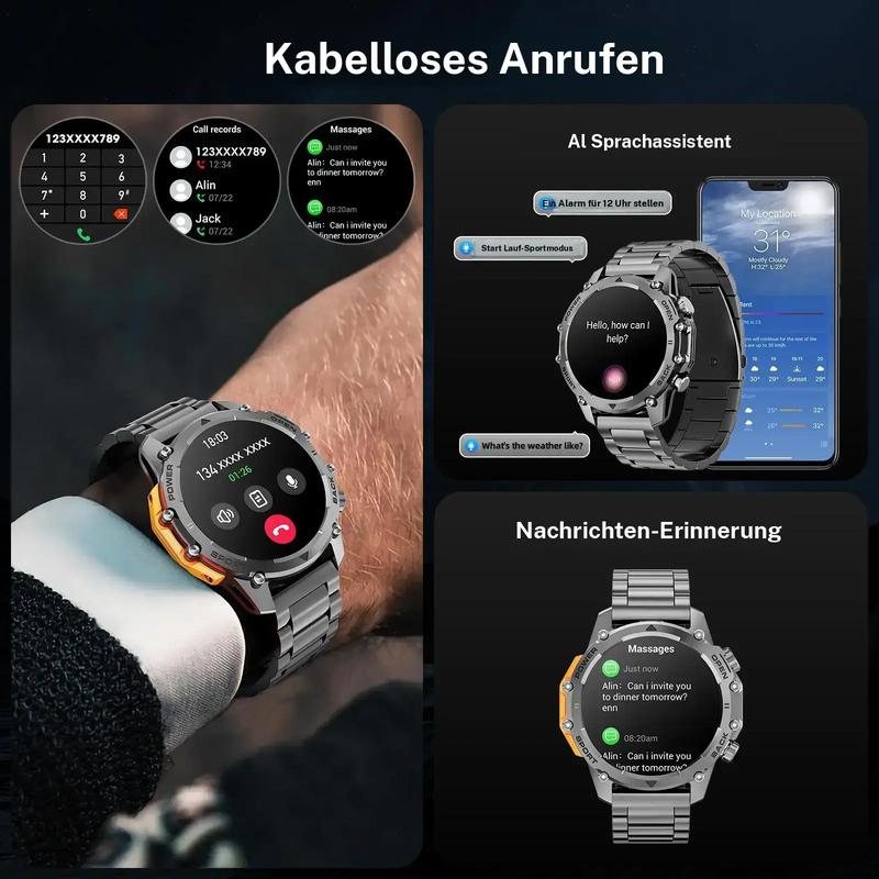 1,52" HD-smartklokke for menn – Telefonsamtaler og musikkkontroll – Flere sportsmoduser – IP68-vanntett – Lang batterilevetid – Fitnessklokke for Android og iPhone