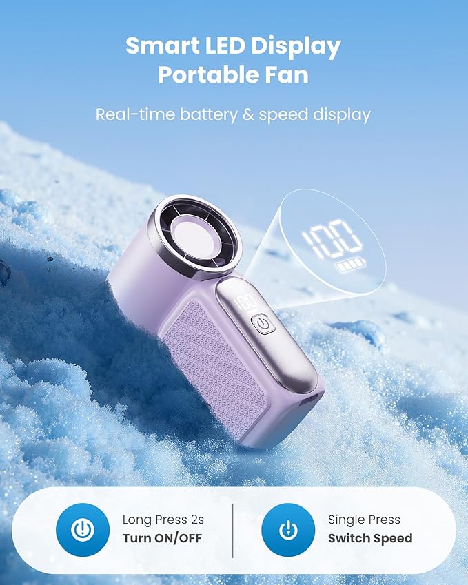 Mini håndholdt vifte med LED-skjerm – 👍5-trinns turbo-vifte i lommestørrelse.✨USB-oppladbar, høyhastighetskjøling for reiser og sminke. Perfekt gave. Bærbar kjøling