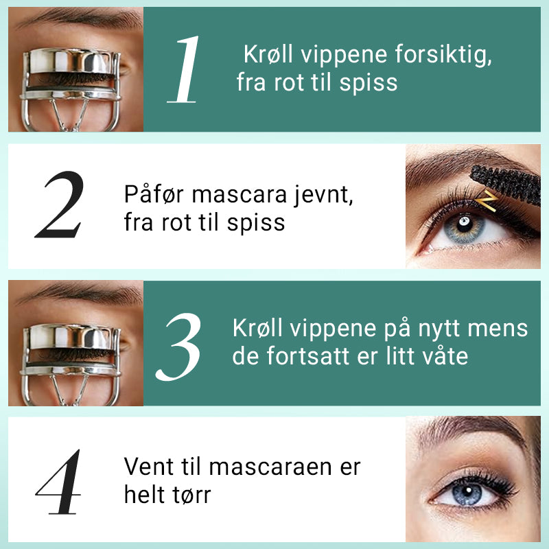Vanntett og svettebestandig forlengende og krøllende mascara