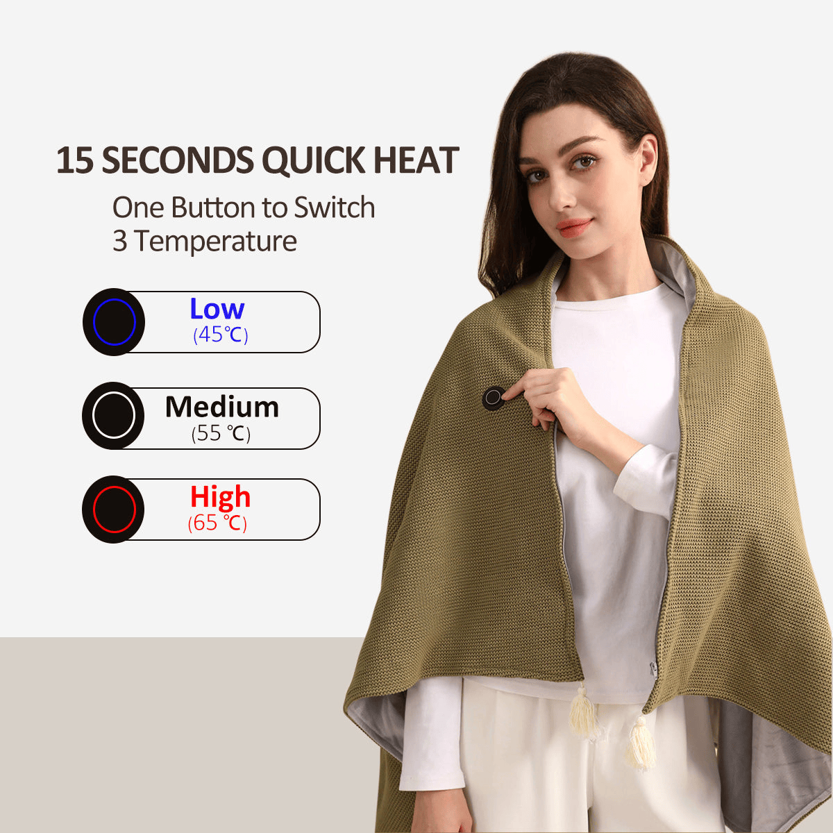 ☀️Draagbare Elektrische Verwarmde Omslagdoek☀️ – 15 Sec Snelle Warmte met 3 Temperaturen – Ideaal voor Thuis, Kantoor, Reizen & als Cadeau ⚡