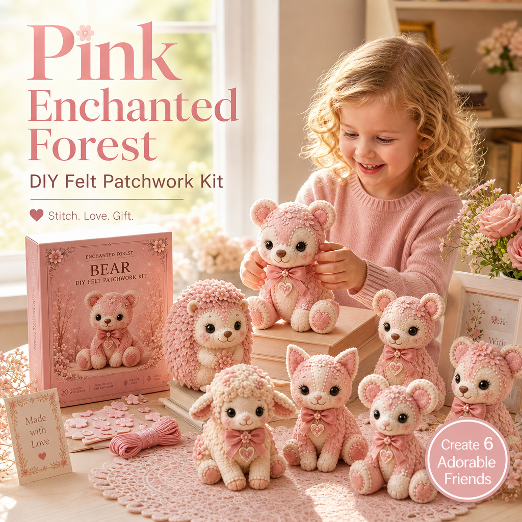 🎀49 % RABATT🎁DIY-kit för lapptäcke i filt: ”Pink Enchanted Forest”