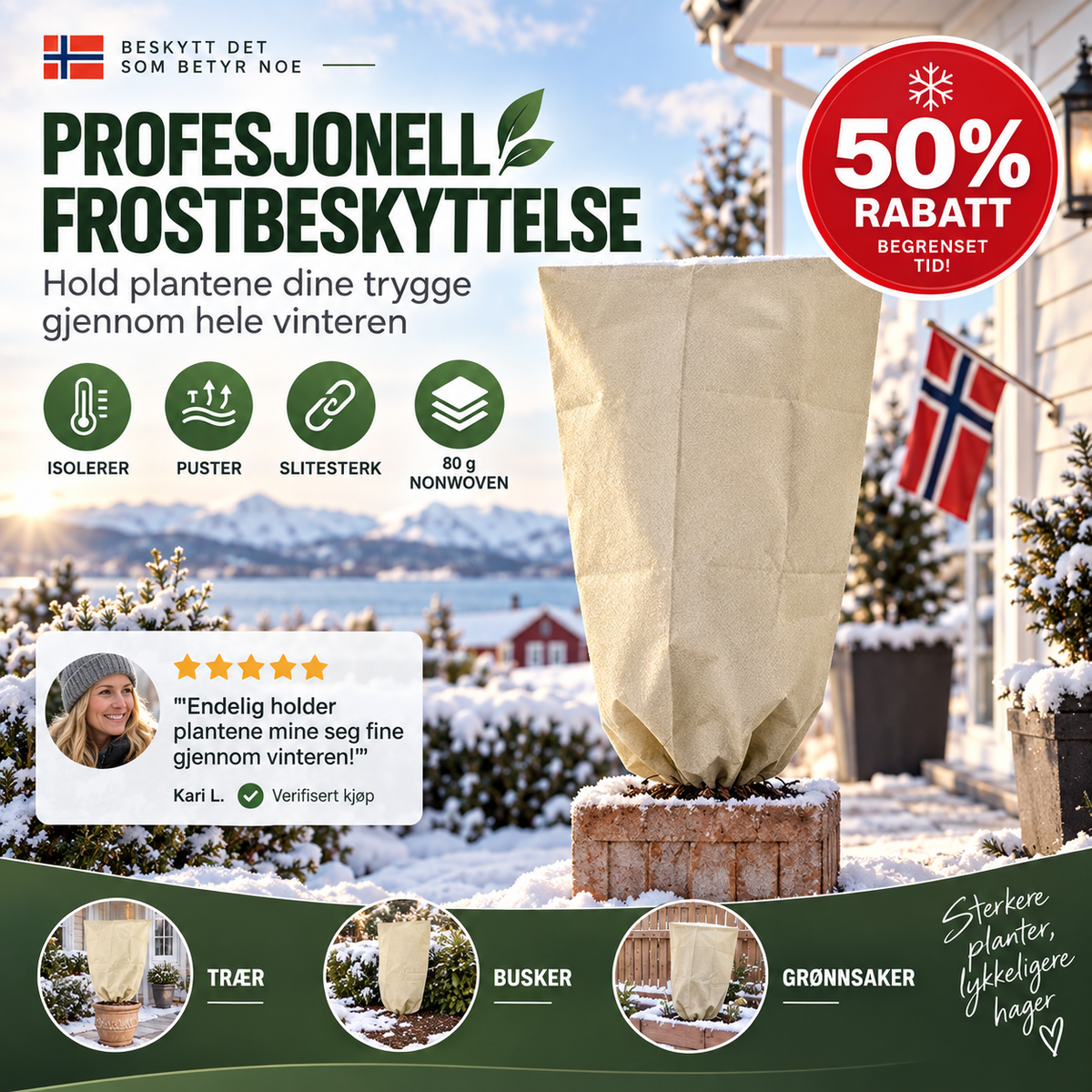 🌿❄️Profesjonell plantebeskyttelse mot frost – 80 g non-woven – Varmeisolerende – Pustende – Slitesterk – For trær, busker og grønnsaker 🧵🌱🛡️