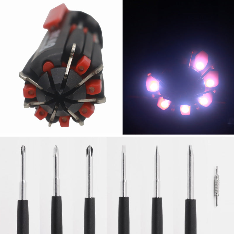 🔧 8-i-1 sammenleggbar skrutrekker – med innebygd LED-arbeidslys og lommelykt