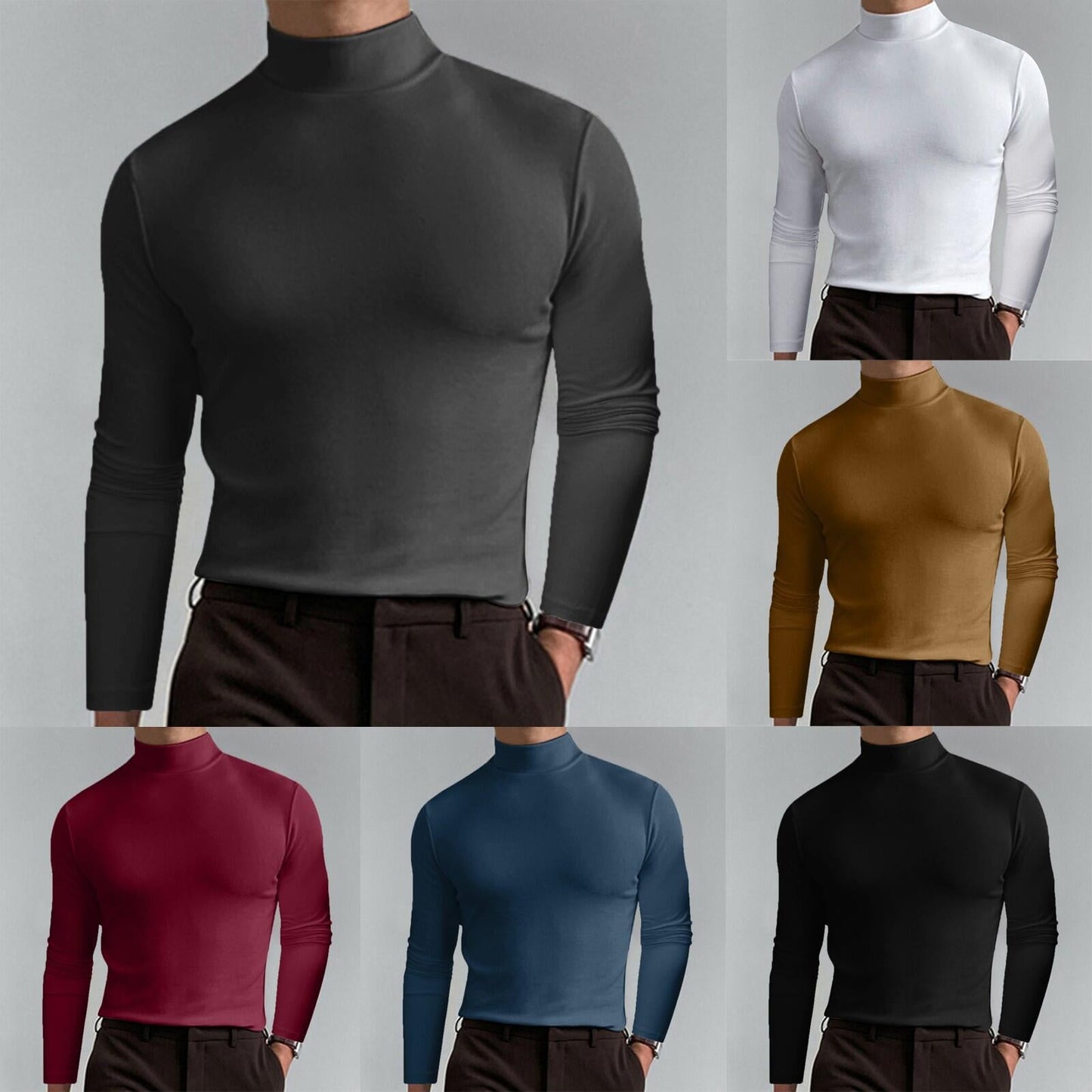 🔥Siste dag med 50 % rabatt🔥Langermet t-skjorte med slim fit for menn med stående krage