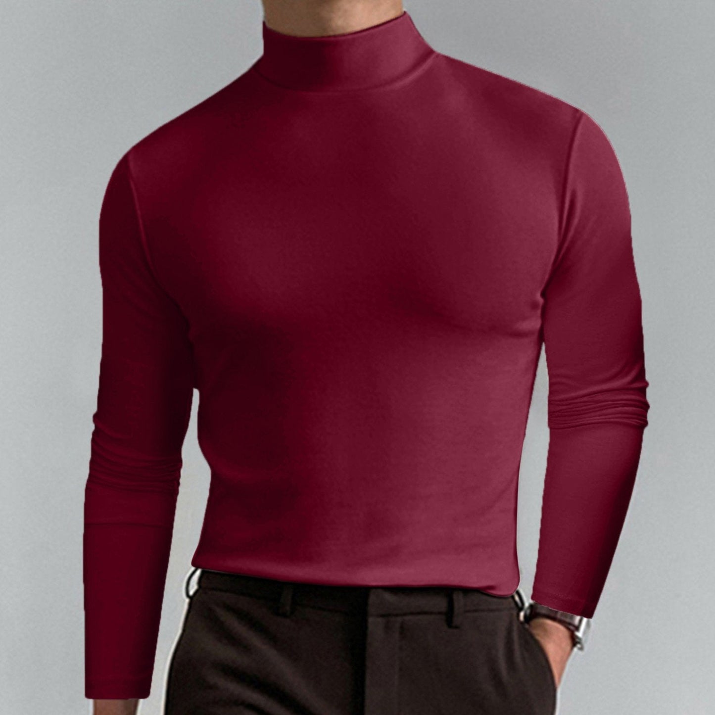 🔥Siste dag med 50 % rabatt🔥Langermet t-skjorte med slim fit for menn med stående krage