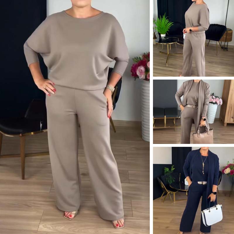 Elegant lang cardigan, topp og buksesett i 3 deler