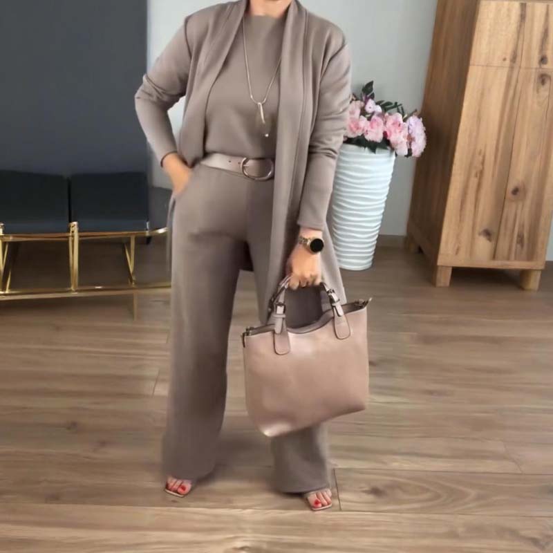 Elegant lang cardigan, topp og buksesett i 3 deler