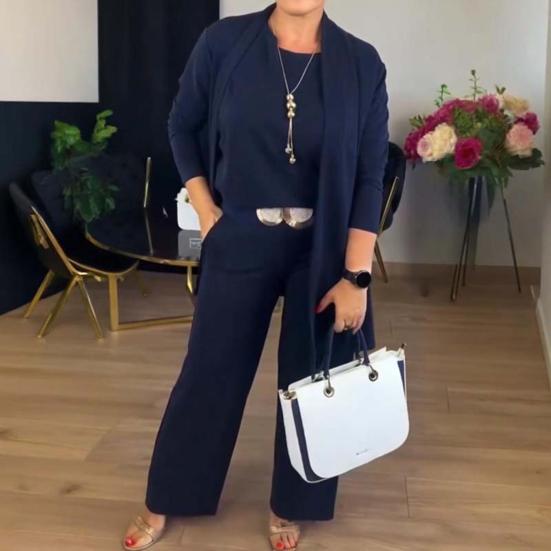 Elegant lang cardigan, topp og buksesett i 3 deler