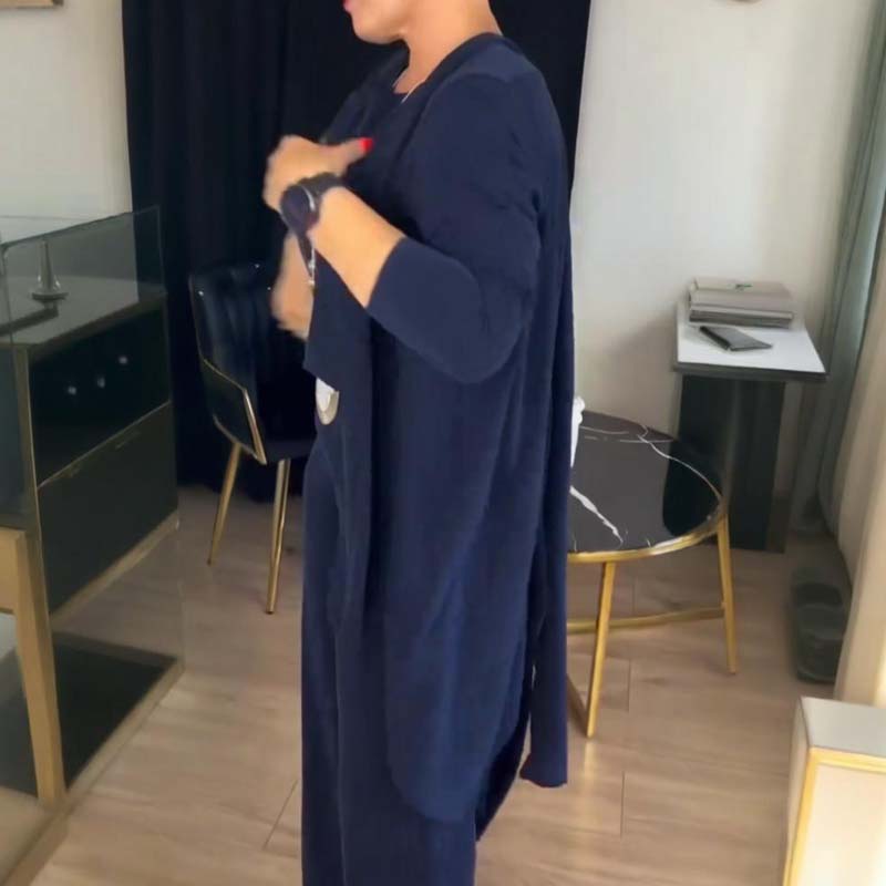 Elegant lang cardigan, topp og buksesett i 3 deler