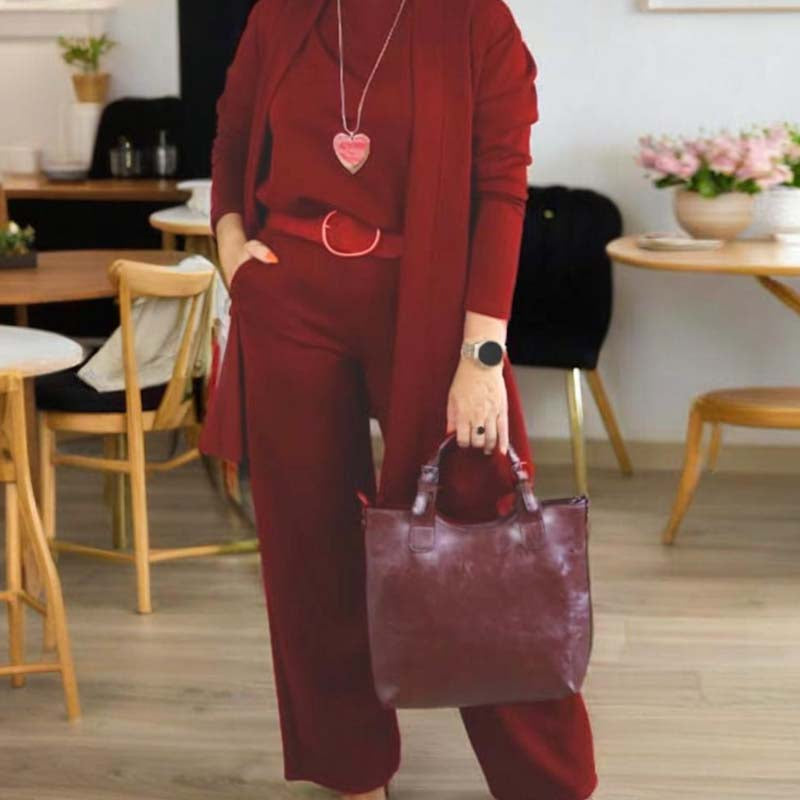 Elegant lang cardigan, topp og buksesett i 3 deler