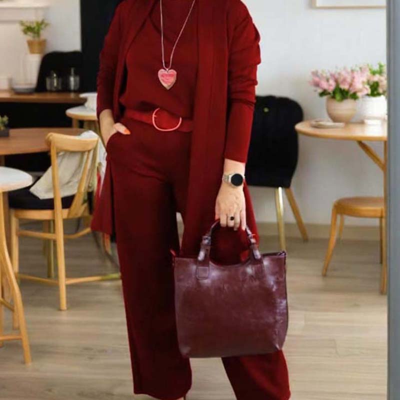 Elegant lang cardigan, topp og buksesett i 3 deler