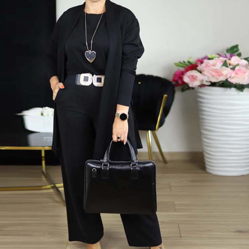 Elegant lang cardigan, topp og buksesett i 3 deler