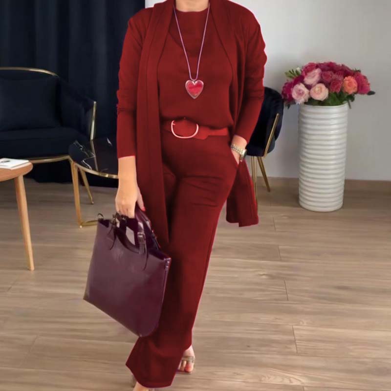 Elegant lang cardigan, topp og buksesett i 3 deler