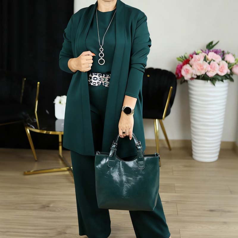 Elegant lang cardigan, topp og buksesett i 3 deler