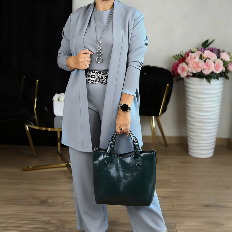 Elegant lang cardigan, topp og buksesett i 3 deler