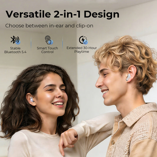 2-i-1 trådløse øretelefoner med klips og in-ear-design