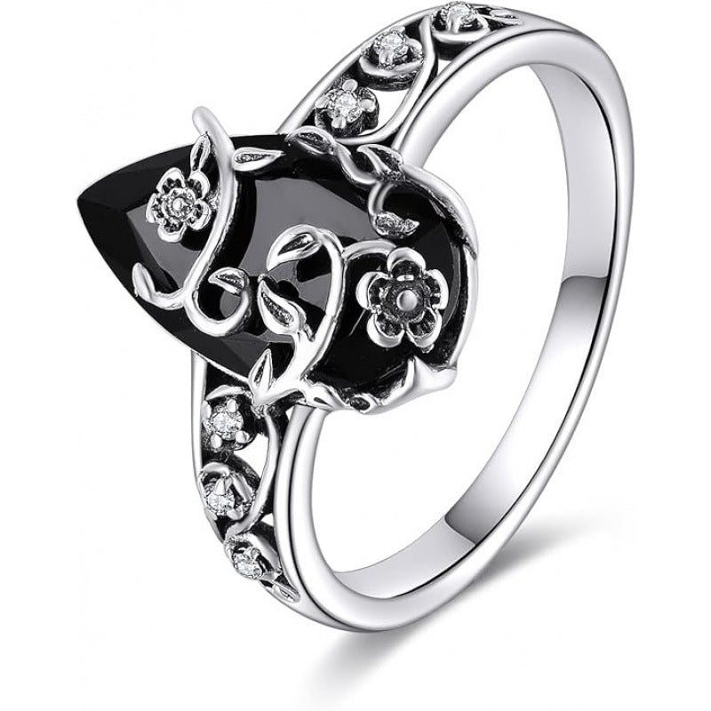 💍 50 % RABATT 🌸 | Bohemsk vintage-ring – blomstermønster og svart edelsten