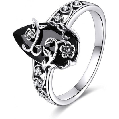 💍 50 % RABATT 🌸 | Bohemsk vintage-ring – blomstermønster og svart edelsten