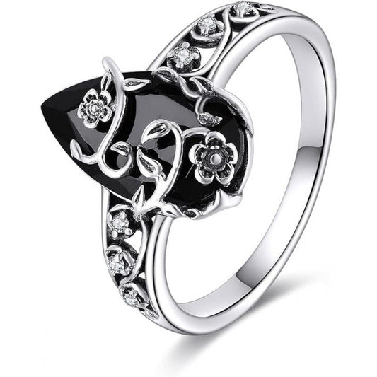 💍 50 % RABATT 🌸 | Bohemsk vintage-ring – blomstermønster og svart edelsten