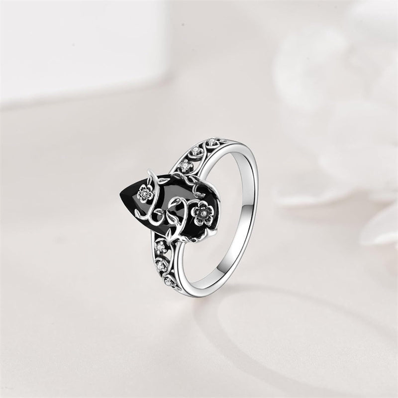 💍 50 % RABATT 🌸 | Bohemsk vintage-ring – blomstermønster og svart edelsten