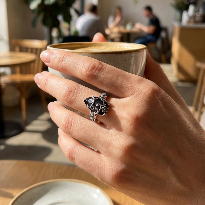 💍 50 % RABATT 🌸 | Bohemsk vintage-ring – blomstermønster og svart edelsten