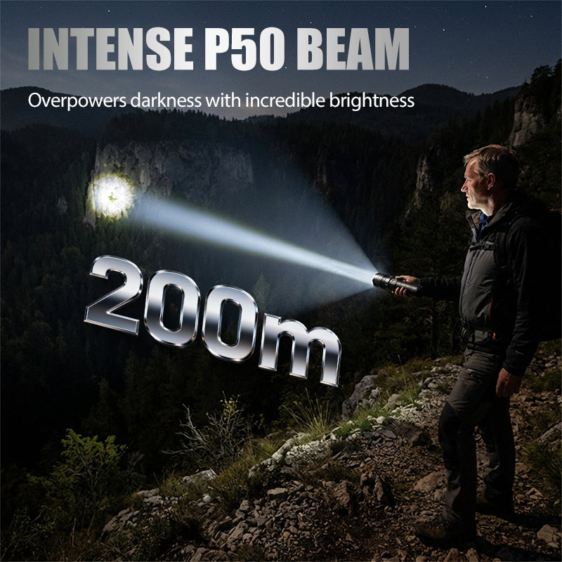 🔦Oppladbar P50 LED-lommelykt – Justerbar zoom | Sterk lysstyrke & Lang levetid