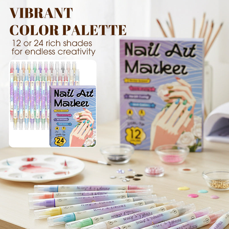 🥳2026 TOPPSALG🥳💞Over 50 000 solgt!✨🎨 50 % RABATT! Neglelakkpenner med to spisser – Tørker raskt, uten UV-lampe. Fin spiss og penselspiss. 12/24 livlige farger. Enkel DIY hjemme. Ingen flekker, bare kunst! 💅🖌️