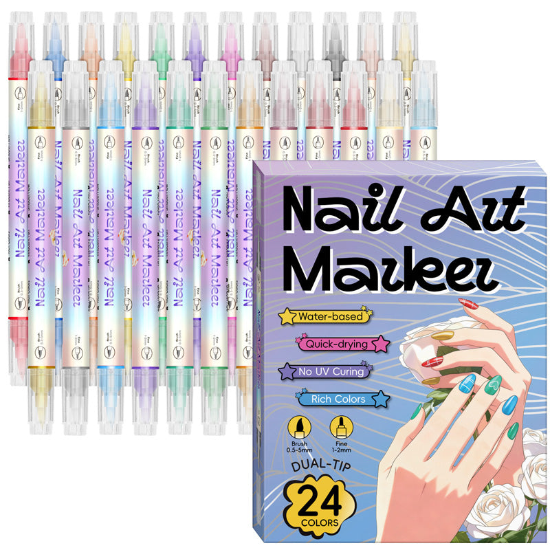 🥳2026 TOPPSALG🥳💞Over 50 000 solgt!✨🎨 50 % RABATT! Neglelakkpenner med to spisser – Tørker raskt, uten UV-lampe. Fin spiss og penselspiss. 12/24 livlige farger. Enkel DIY hjemme. Ingen flekker, bare kunst! 💅🖌️