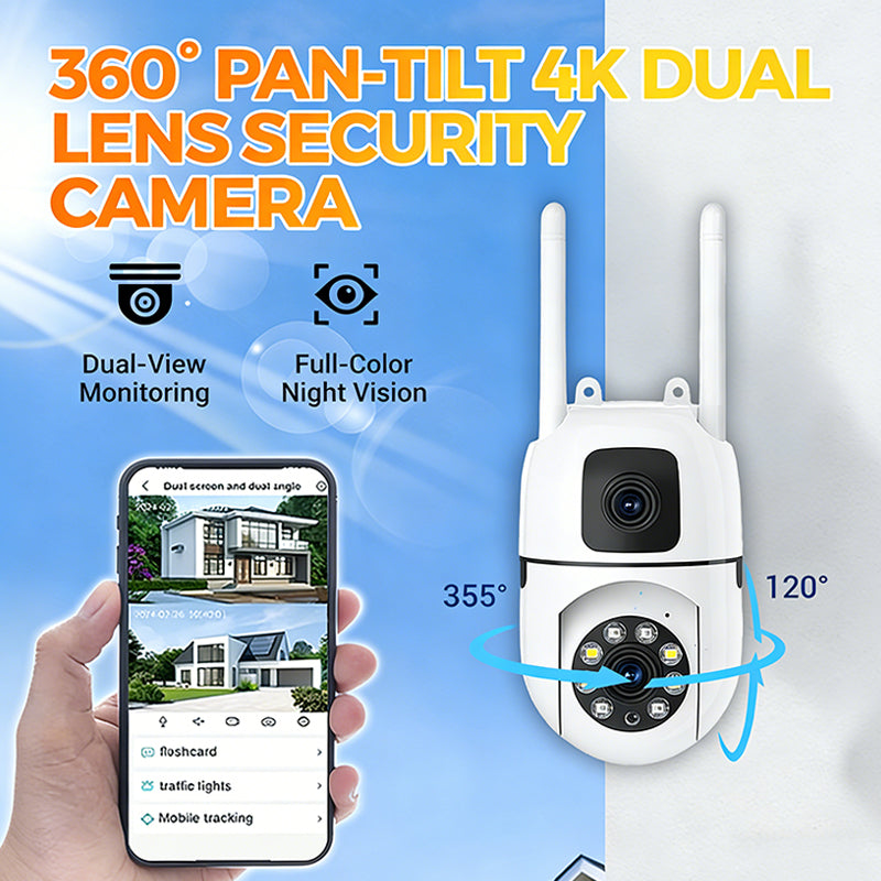 360° panorerbart og tiltbart 4K sikkerhetskamera med dobbel linse – Utendørs WiFi-overvåkingskamera