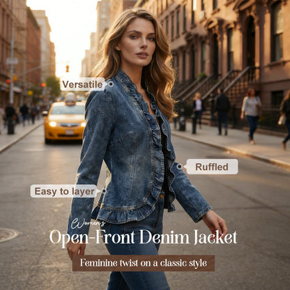 🧥 50 % RABATT NÅ! 🌸 Denimjakke for damer med volanger og åpen front – Lett og feminin – Allsidig og stilig 👗