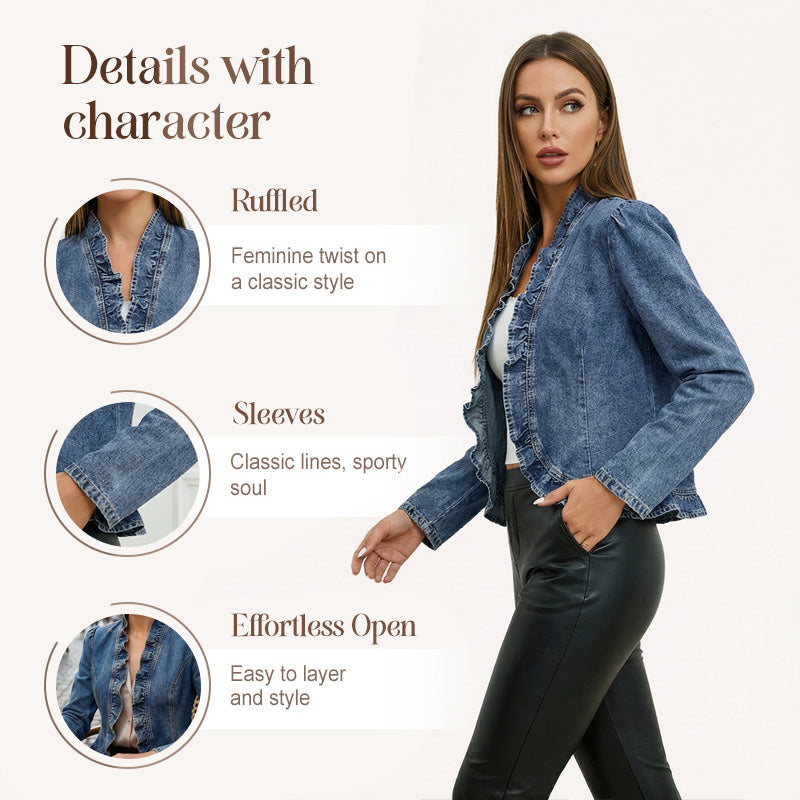 🧥 50 % RABATT NÅ! 🌸 Denimjakke for damer med volanger og åpen front – Lett og feminin – Allsidig og stilig 👗