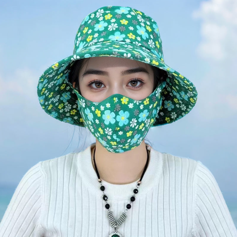 Blomstret solhatt med stor skygge og maske