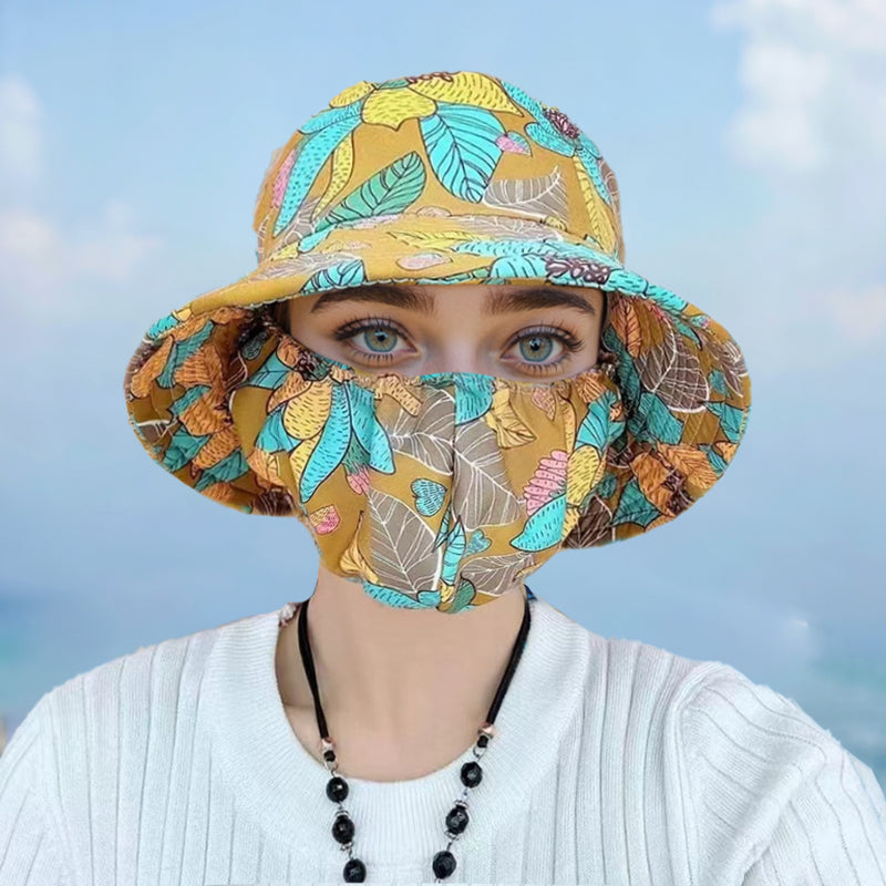 Blomstret solhatt med stor skygge og maske